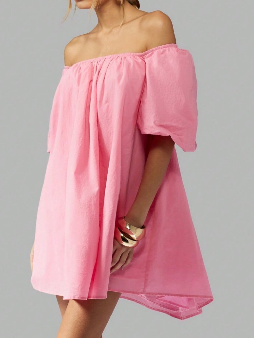 Pink Casual Women's Off-Shoulder Puff Sleeve Mini A-Line Party Dress - Picture 7 of 7
